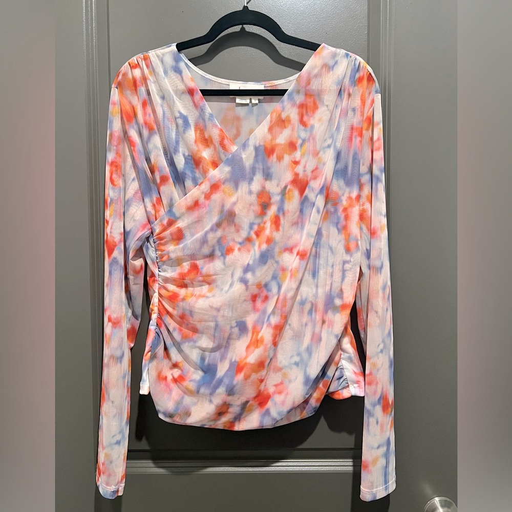 By Anthropologie Long-Sleeve Crossover Mesh Top- XL
